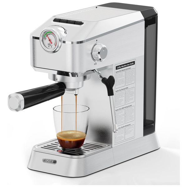 Máquina de Café Expresso 20 BAR com Espumador de Leite e Tanque de Água Removível de 1,2L, 110V 1300W, CKOZESE, Prata