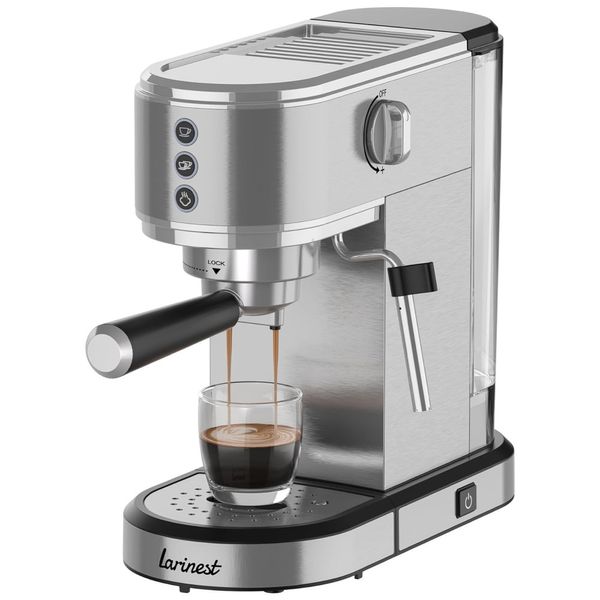 Máquina de Café Expresso em Aço Inoxidável 20 BAR com Vaporizador de Leite e Tanque de Água Removível , 110V 1350W, Larinest, Prata