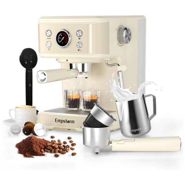Máquina de Café Expresso Profissional 3 em 1 Compatível com Cápsula ESE ou NS, com Vaporizador de Leite, 110V 1100W, Empstorm, Creme