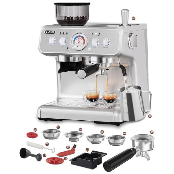 Máquina de Café Expresso 20 Bar com Moedor Embutido e Vaporizador de Leite, 110V 1350W, Gevi, Prata