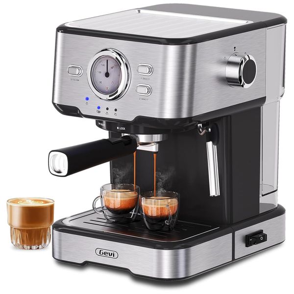 Máquina de Café Expresso de Alta Pressão com Vaporizador de Leite e Tanque de Água Removível, 110V, Gevi, Prata