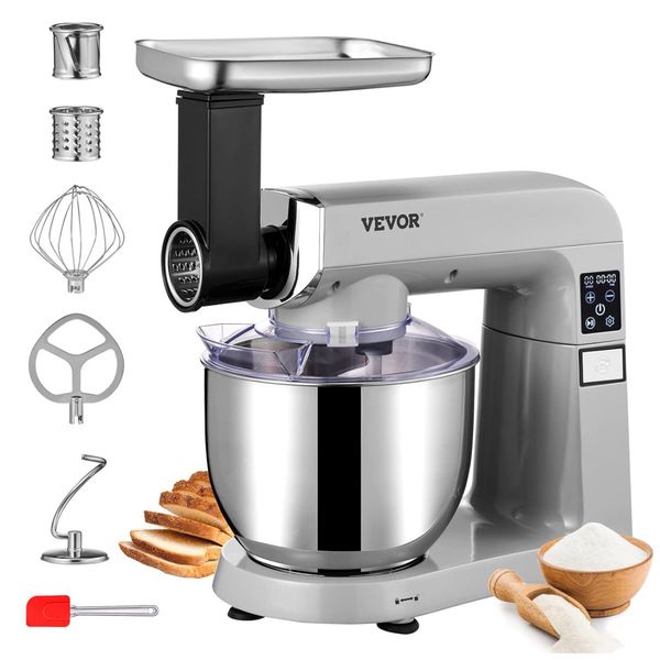 Batedeira Profissional 6 em 1, 7L com 6 Velocidades, Display LED e Acessórios, 110V 450W, VEVOR, Cinza