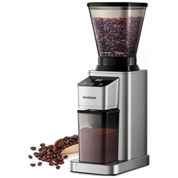 Moedor de Café Elétrico com 48 Configurações de Moagem, Temporizador e Display LED, 110V, SHARDOR, Prata