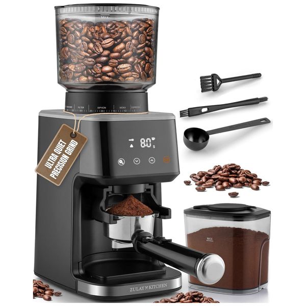 Moedor de Café com Rebarba Ajustável, Silencioso e 51 Configurações de Moagem, 110V, Zulay Kitchen, Preto