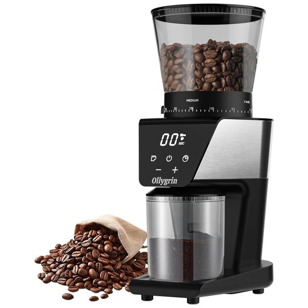 Moedor de Café Elétrico até 12 xícaras com 30 Configurações de Moagem e Display Digital, 110V 160W, Ollygrin Life, Prata