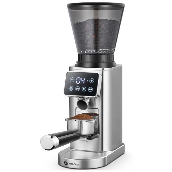 Moedor de Café Elétrico com 24 Configurações de Moagem, Suporte de Funil Removível e Painel de LED, 110V, AMZCHEF, Prata