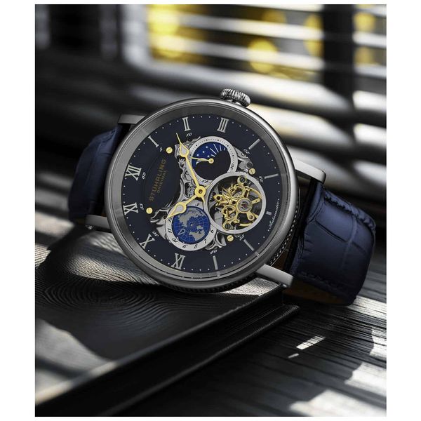 Relógio Automático Dual Time Majestic 47mm com Mostrador Preto e Pulseira Preta - Stuhrling
