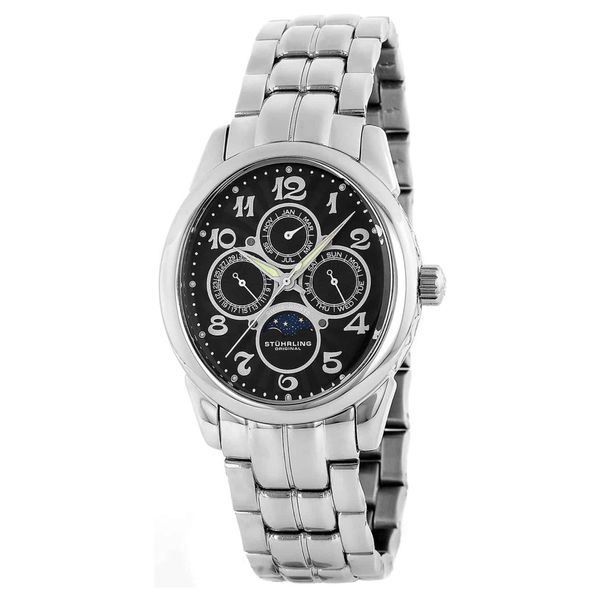 Calendário Aviador Pro 173B 38mm com Mostrador Preto e Pulseira de Aço Inoxidável Prateado - Stuhrling