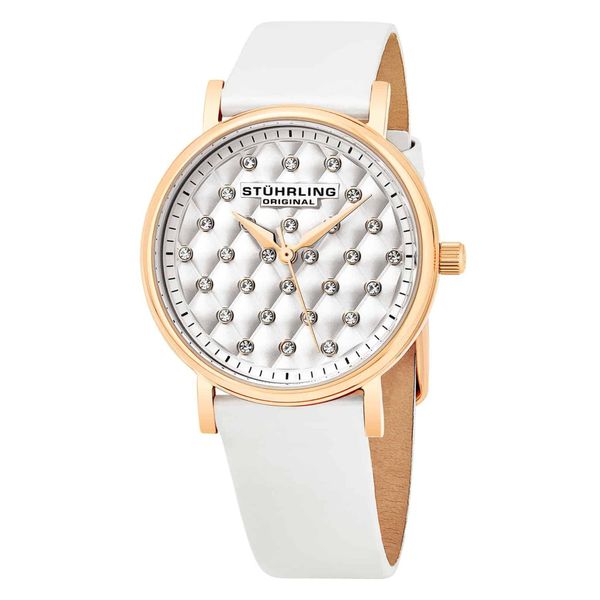 Relógio feminino Stuhrling Audrey 799, com mostrador prateado, pulseira de couro branco e fivela tang.