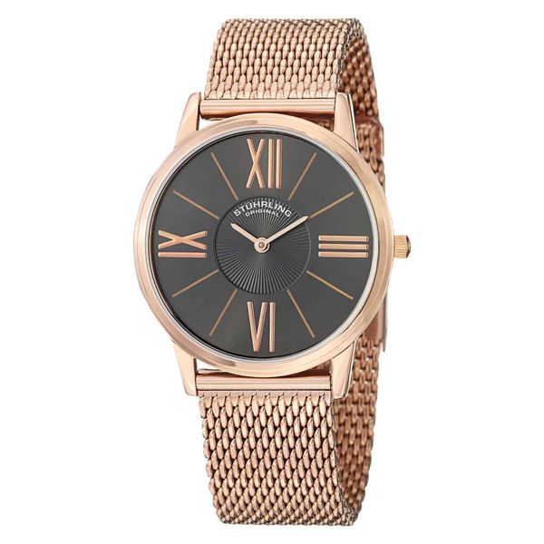 Relógio Ascot Solei Elite 533M 38mm com mostrador cinza e pulseira de aço inoxidável rosa. Elegância e sofisticação em um clássico atemporal.