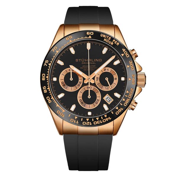 Relógio Aquamaster Cronógrafo 42mm com Pulseira e Mostrador Pretos e Moldura Dourada de Prestígio da Stuhrling.