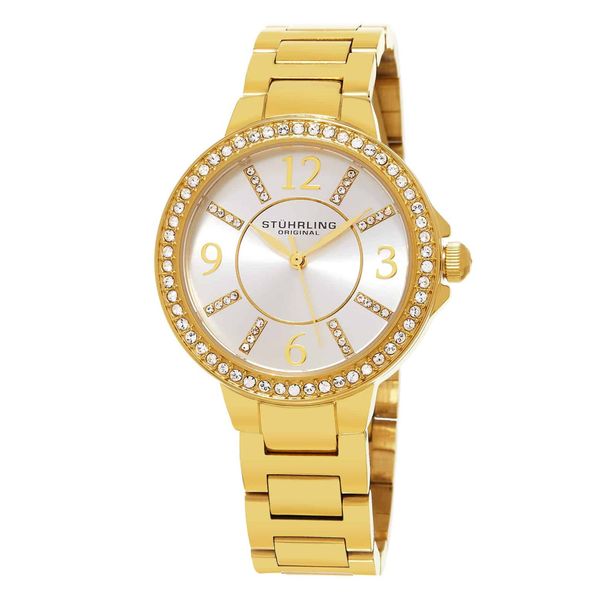 Relógio Allure 480 35mm Clássico com Mostrador Prateado e Fivela de Aço Inoxidável Dourada da Stuhrling.