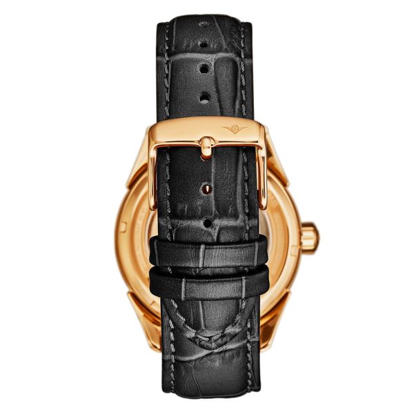 Relógio Automático Vanguard 1019 com Dual Time, Mostrador Azul, Pulseira Preta e Moldura Dourada de 42mm - Stuhrling.