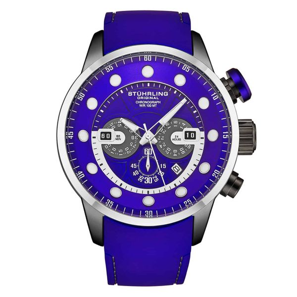 Relógio Cronógrafo Força Aquática 50mm com Mostrador e Pulseira Azul, Moldura Prateada - Stuhrling.