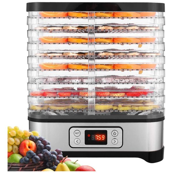 Desidratador de Alimentos com 8 Bandejas, Temporizador Digital e Controle de Temperatura, 110V 400W, COOCHEER, Prata