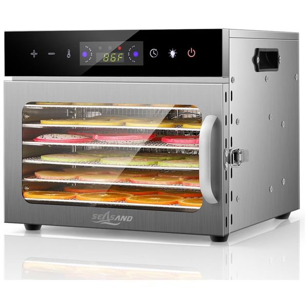 Desidratador de Alimentos com 6 Bandejas em Aço Inoxidável, Controle de Temperatura e Temporizador, 110V 400W, SEASAND, Prata