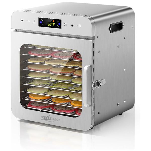 Desidratador de Alimentos com Desodorização de Ozônio O3, 10 Bandejas em Aço Inoxidável e Controle de Temperatura, 110V 400W, SEASAND, Prata