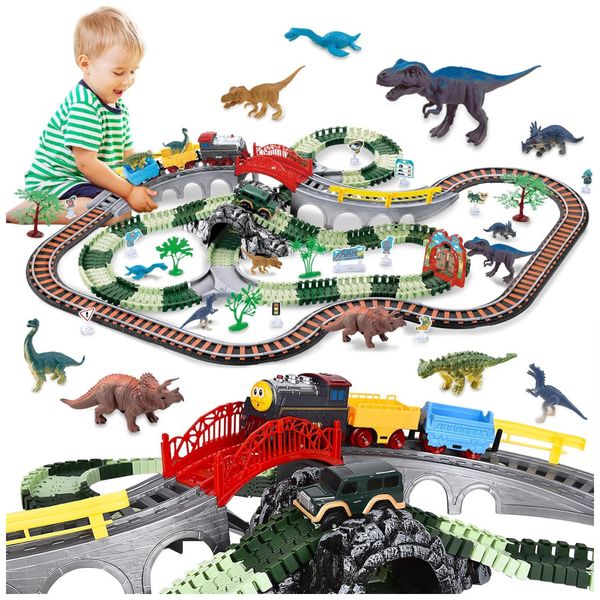 Pista de Corrida Flexível Dinossauro 2 em 1 para Carros e Trem, 259 Peças, Inclui 4 Dinossauros, JONRRYIN.