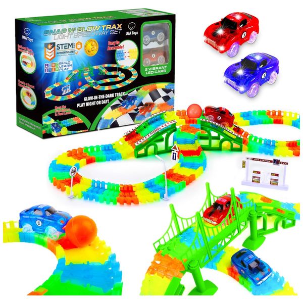 Pista de Corrida STEM Arco Iris Dobrável com 360 Peças, Inclui 2 Carros Iluminados, USA Toyz.