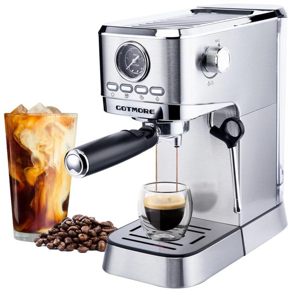 Máquina de Café Expresso com Bocal de Leite e Tanque de Água Removível de 975mL, 110V 1300W, GOTMORE, Prata