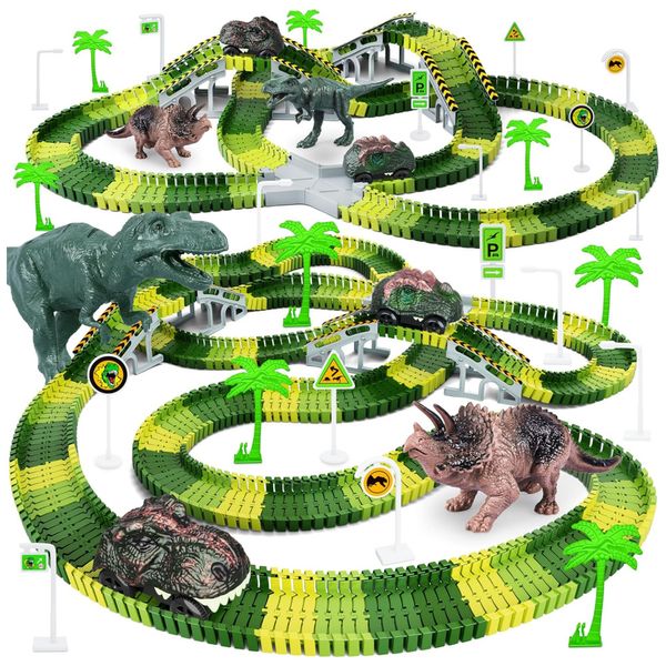 Pista de Corrida Dinossauros Playset Flexível com 252 Peças para Crianças de 3 a 6 Anos, Toyk, Verde