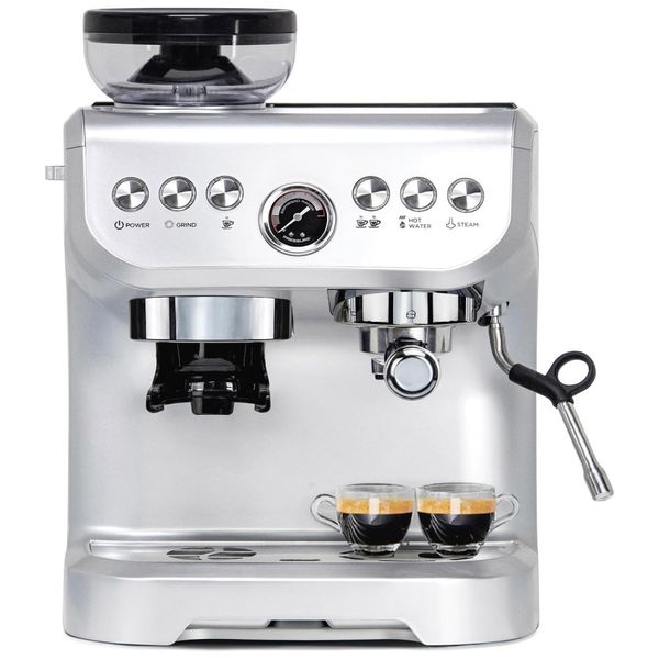 Máquina de Café 15 Bar com Vaporizador, Moedor Embutido e Tanque de Água Removível de 2L, 110V 1450W, MIROX, Prata