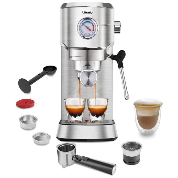 Máquina de Café Expresso Profissional 20 Bar com Bocal de Leite e Bandeja Coletora Removível, 110V 1350W, Gevi, Prata