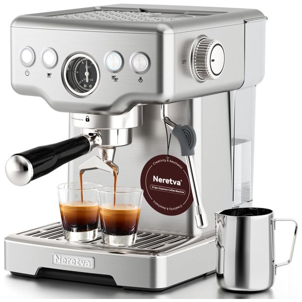 Máquina de Café Expresso 15 Bar com Bocal de Leite e Tanque de Água Removível de 1,8L, 110V 1450W, Neretva, Prata