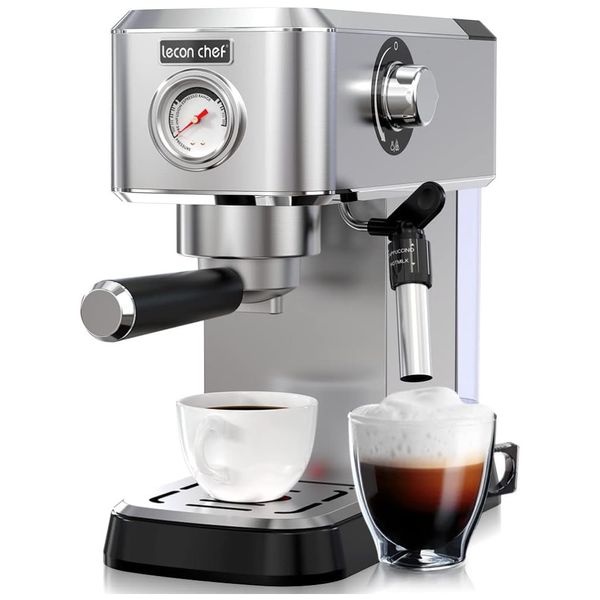 Máquina de Café Expresso 15 Bar com Bocal de Leite e Tanque de Água de 1,2L, 110V 1350W, Lecon Chef, Prata