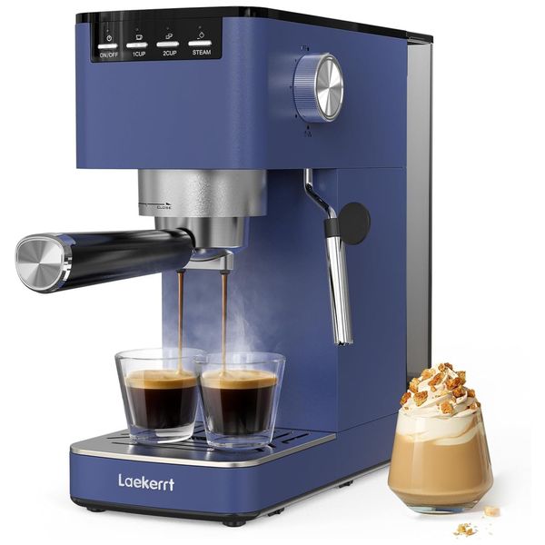 Máquina de Café Expresso 20 Bar com Bocal de Leite, Tanque Removível e 2 Bicos, 110V 1350W, Laekerrt, Azul