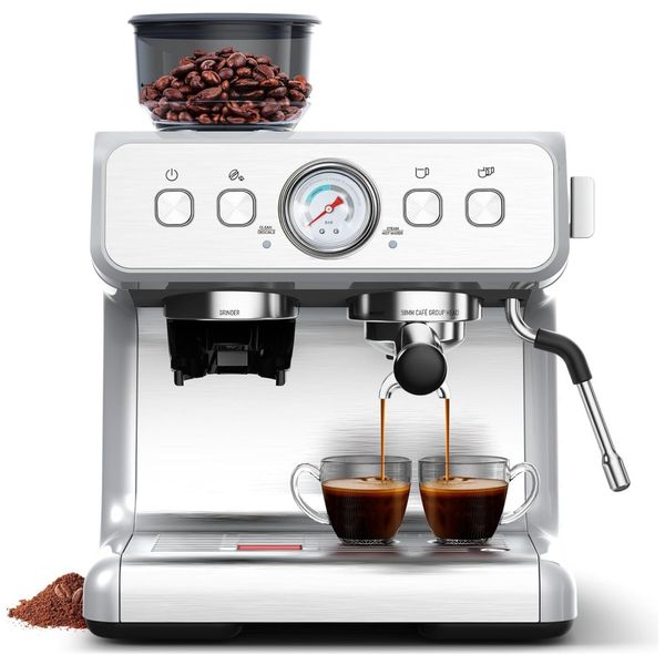 Máquina de Café Expresso Profissional  15 Bar com Moedor Embutido, Bocal de Leite e 2 Bicos, 110V 1350W, Joy Pebble, Prata