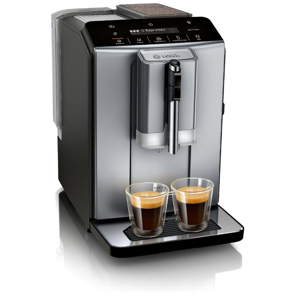 Máquina de Café Expresso Automática com Moedor de Cerâmica, Painel de Controle LCD e Touch, 110V, Bosch TIU20508 série 300, Preta e Prata Escuro Máquina de Café Expresso Automática com Moedor de Cerâmica, Painel de Controle LCD e Touch, 110V, Bosch TIU20508 série 300, Preta e Prata Escuro