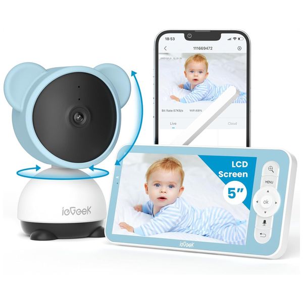 Babá Eletrônica com Câmera 1080P, Controle via Aplicativo, Visão Noturna, Detecção de Som e Movimento, ieGeek, Branca e Azul