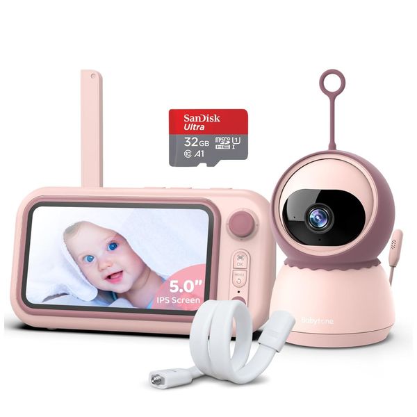 Babá Eletrônica Portátil com Câmera e Áudio HD 1080P, Visão Noturna Automática, Sem WiFi, babytone, Rosa