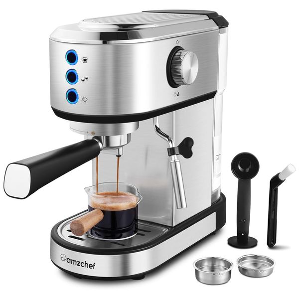 Máquina de Café Expresso Semi Automática com Batedor de Leite a Vapor, 20 Bar, 110V 1350W, amzchef, Prata