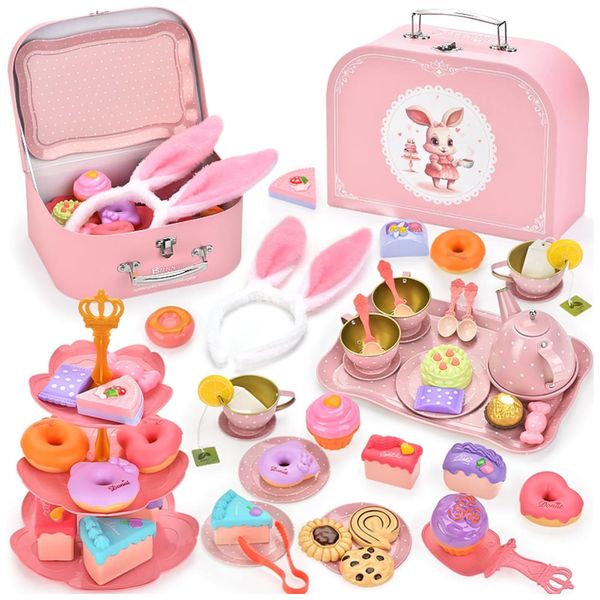 Jogo de Chá Infantil em Lata 50 Peças com Tema de Coelho e Maleta de Transporte para Crianças Acima de 3 Anos, Lajeje, Rosa