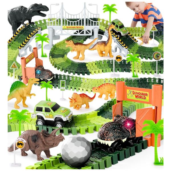 Pista de Corrida com 253 Peças, Tema de Dinossauros que Brilham no Escuro para Crianças Acima de 3 Anos, Desuccus, Verde