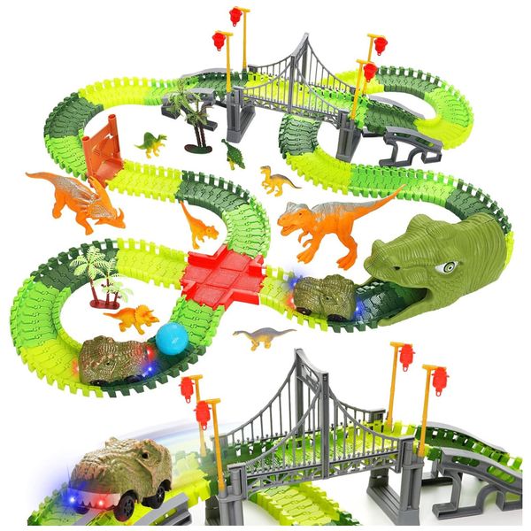 Pista de Corrida com 269 Peças, Tema de Dinossauro para Crianças de 3 a 8 Anos, BEMITON, Verde