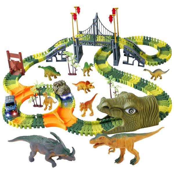 Pista de Corrida com 216 Peças e Tema de Dinossauros para Crianças Acima de 3 Anos, IQKidz, Verde