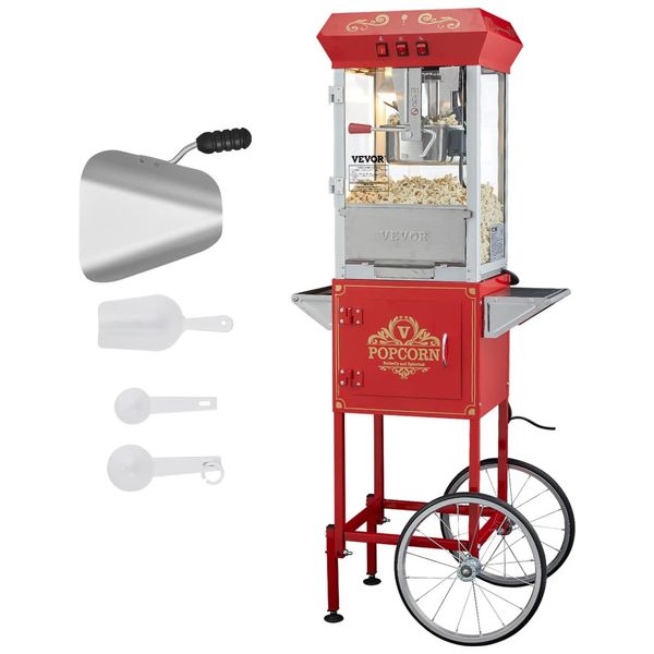 Carrinho de Pipoca Profissional com Panela de 0,28g Produz 48 Xícaras por Vez, 110V 850W, Vevor, Vermelho