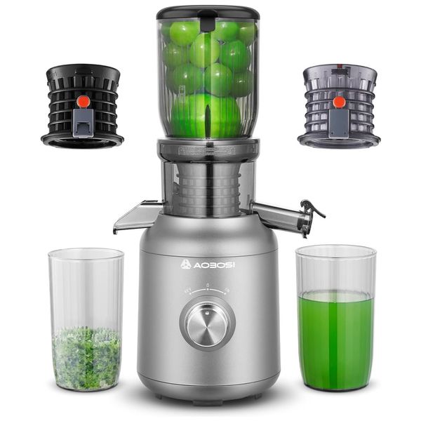 Centrifuga de Frutas de Prensa Fria com 2 Filtros, Escova e Motor Silencioso, 110V 250W,  AAOBOSI, Cinza