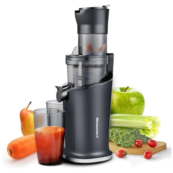 Centrifuga de Frutas de Prensa Fria com Calha de Alimentação Para Até 3 Frutas Inteiras e Copo de 800mL, 110V 150W, Elite Gourmet, Preta