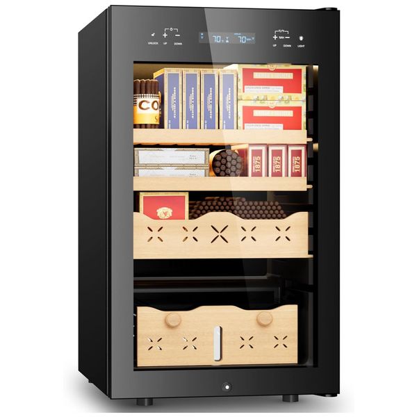 Umidor para Charutos Elétrico 65L com Capacidade para 500 Charutos, Gaveta de Madeira em Cedro Espanhol e Display Digital LED, 110V, Mojgar, Preto
