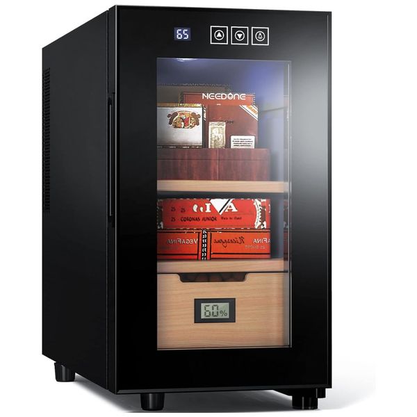 Umidor para Charutos Elétrico 23L com Controle de Temperatura, Higrômetro Digital e Feito em Madeira de Cedro Espanhol, 110V, NEEDONE NO-23B, Preto