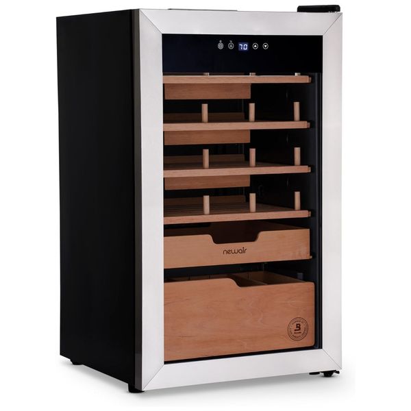 Umidor para Charutos Elétrico com Capacidade para 500 Charutos, Prateleiras de Cedro Espanhol e Controle de Temperatura, 110V, Newair, Prata e Preto