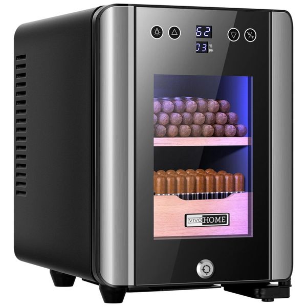 Umidor para Charutos Elétrico 8L até 80 Un com Controle de Temperatura, Umidificador de Água Embutido, Prateleiras e Gaveta em Madeira de Cedro