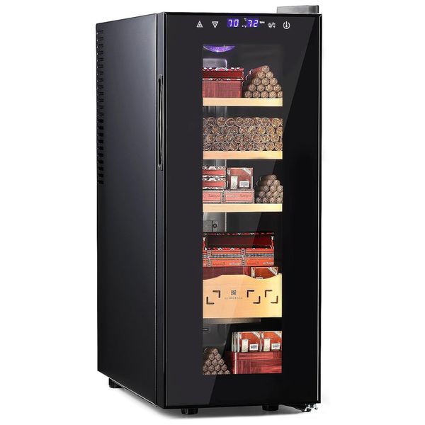 Umidor para Charutos Elétrico 35L até 250UN com Controle de Temperatura, Prateleiras e Gaveta em Madeira de Cedro Espanhol, 110V, GLENCREAG, Preto