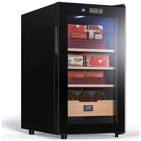 Umidor para Charutos Elétrico 48L com Capacidade para 300 Charutos, Iluminação LED, Gaveta e Prateleiras de Cedro Espanhol, 110V, NEEDONE, Preto