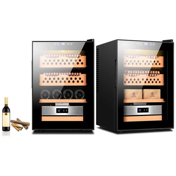 Umidor para Charutos e Vinho Elétrico 50L com Prateleiras em Madeira de Cedro Espanhol e Higrômetro Hermético, 110V, Cigarwong, Preto