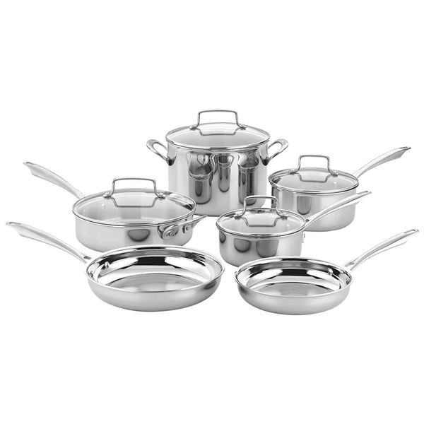 Jogo de Panelas e Frigideiras em Aço Inoxidável com 10 Peças, Bordas Cônicas para Vazamento sem Gotejamento e Alças de Aderência Fria, Cuisinart